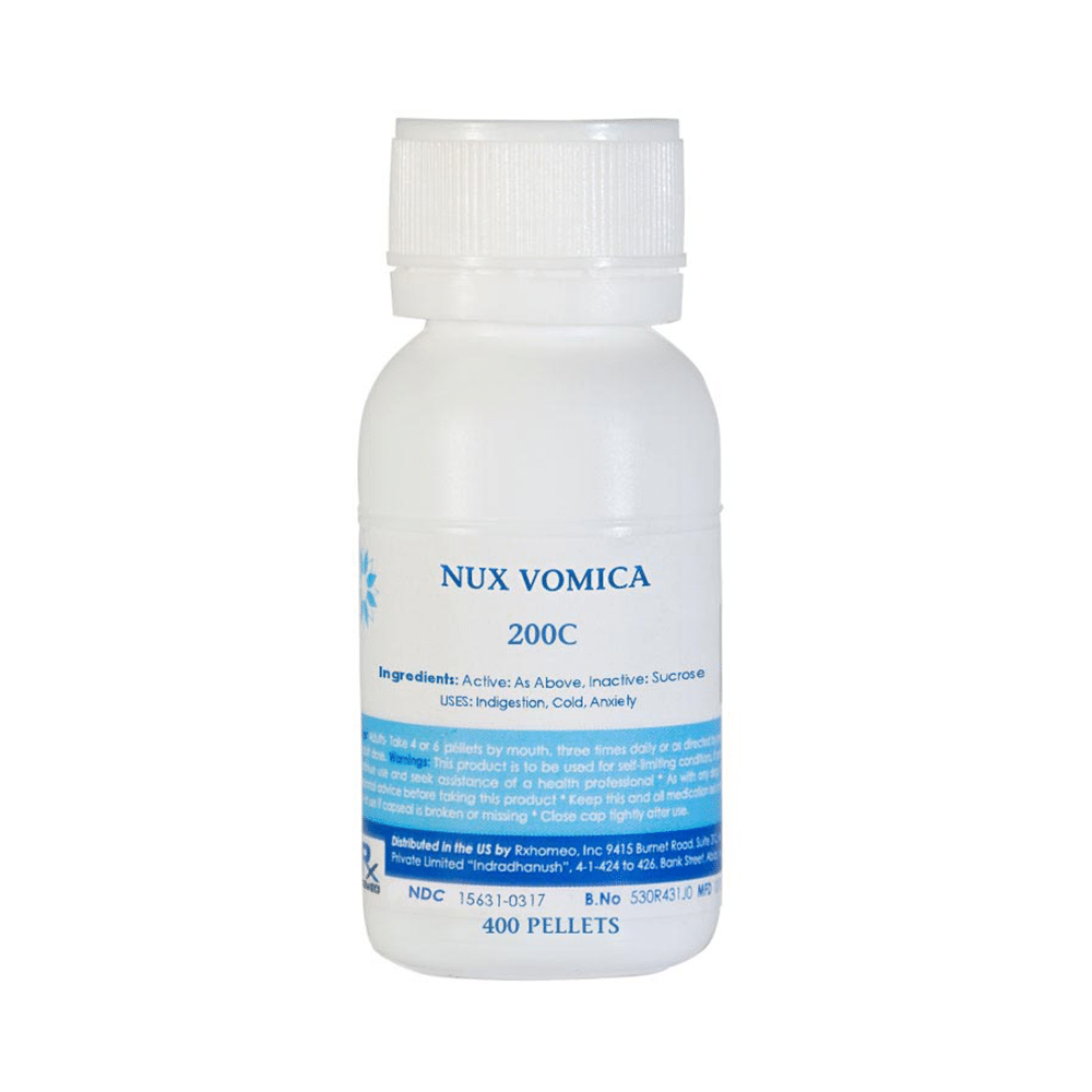 Rxhomeo Nux Vomica Pellets 200C Homeopathic medicine for Digestive System, Homeopathic medicine for Constipation, Homeopathic medicine for Diarrhoea & Dysentry, Homeopathic medicine for Fatty Liver & Jaundice, Homeopathic medicine for Gastritis, Acidity &