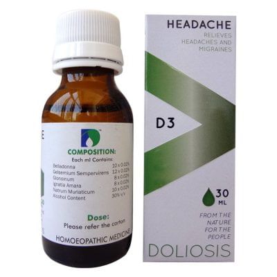 Showing image for Doliosis D3 Headache Drop Doliosis D3 Headache Drop Medicines, Homeopathic medicine for Nervous System, Homeopathic medicine for Headache & Migraine image