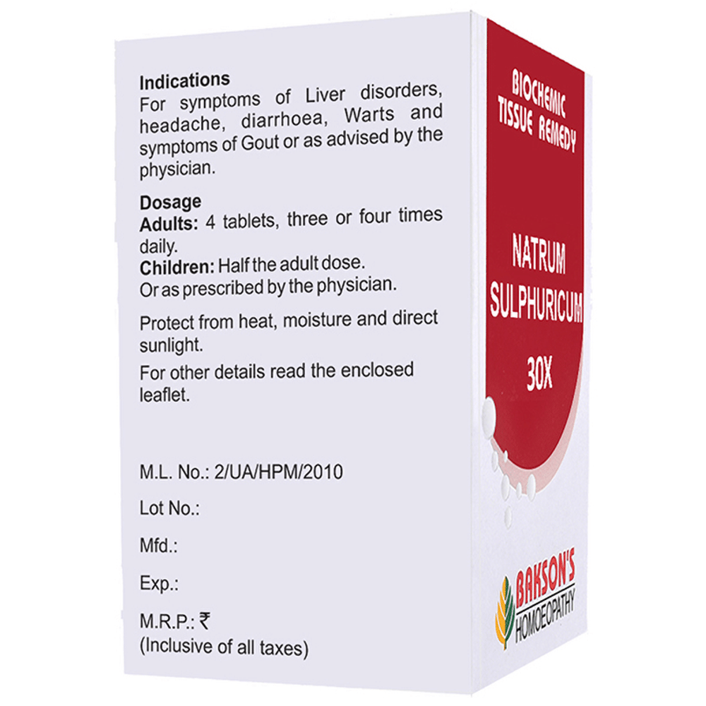 Bakson's Homeopathy Natrum Sulphuricum Biochemic Tablet 30X Bakson's Homeopathy Natrum Sulphuricum Biochemic Tablet 30X